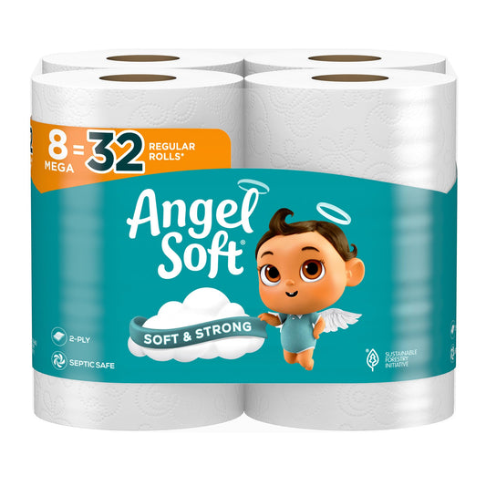 Angel Soft Toilet Paper, 8 Mega Rolls = 32 Regular Rolls, Soft and Strong Toilet Tissue